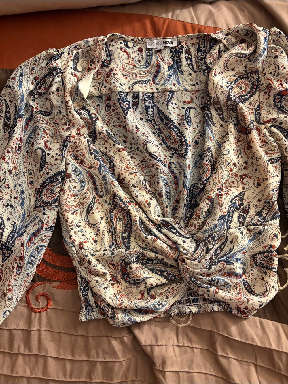 Fashion Nova Cream Paisley Twist-Front Long Sleeve Shirt with Navy & Rust